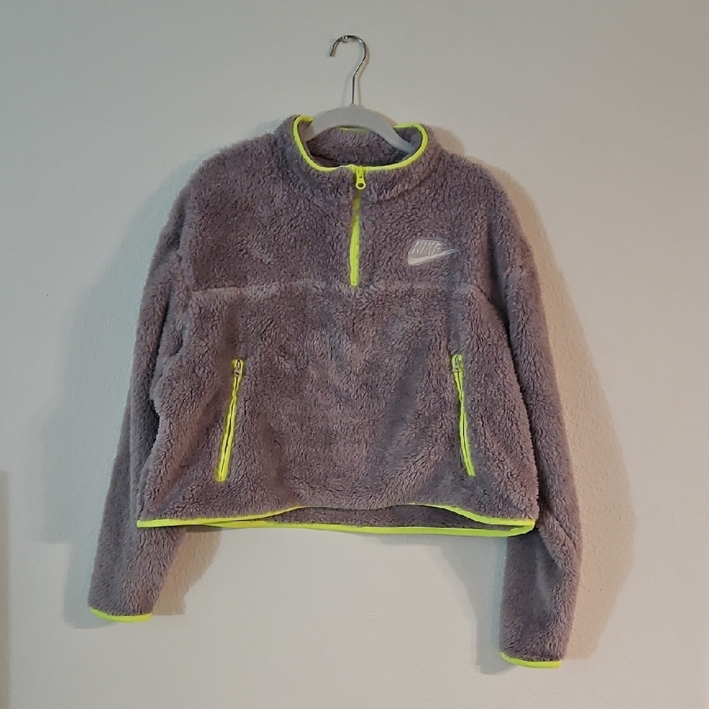 Nike Women's Fleece Jacket - Gray with Neon Yellow Trim